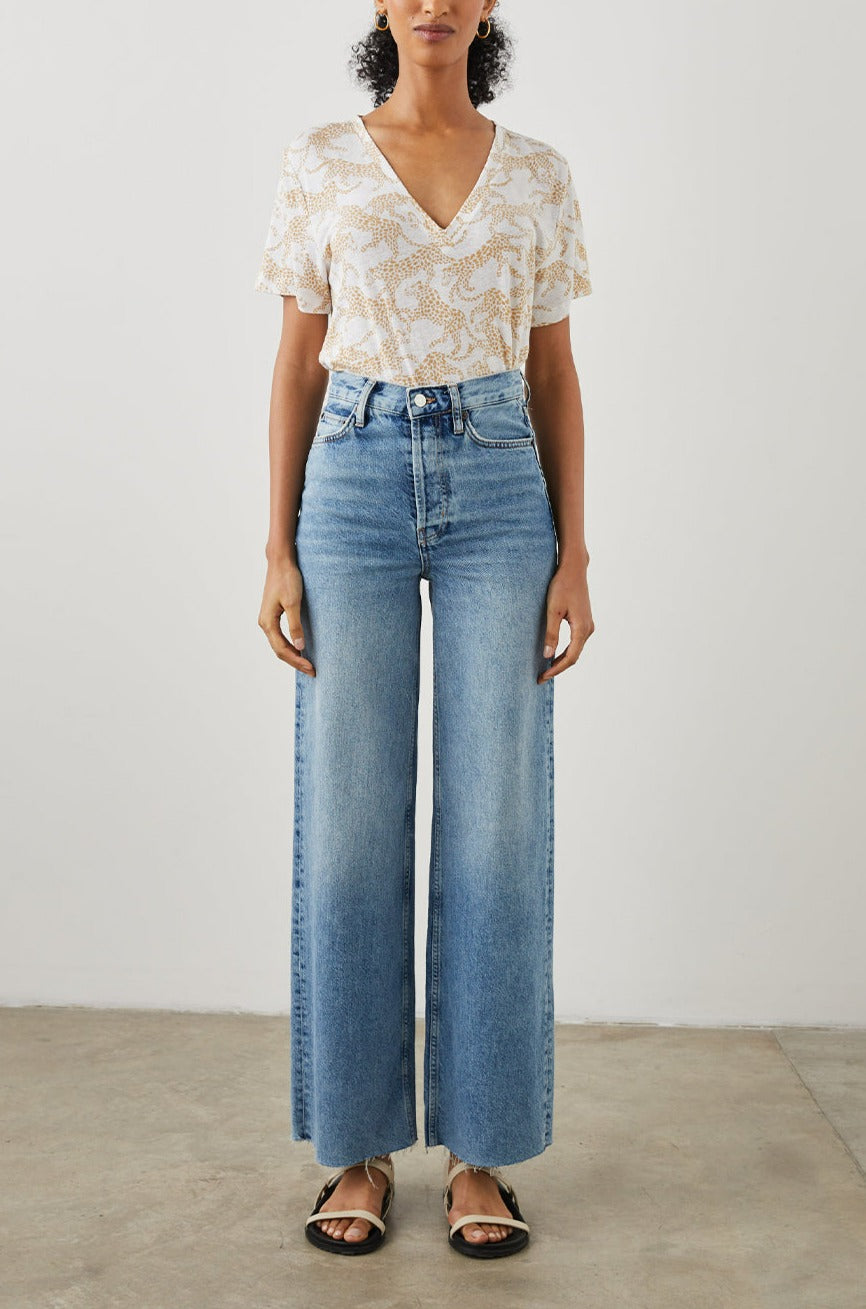 THE CARA V NECK SHIRT GOLD CHEETAH -FULL FRONT BODY