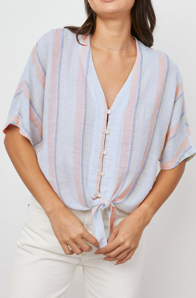 THEA BIARRITZ MULTI STRIPE TIE FRONT BLOUSE- FRONT