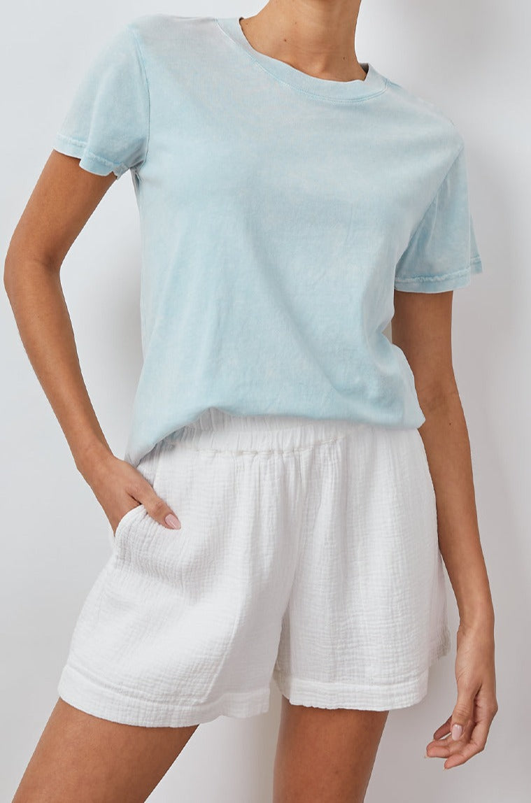 THE CLASSIC CREW SMOKE BLUE ACID WASH SHIRT- FRONT TUCKED IN