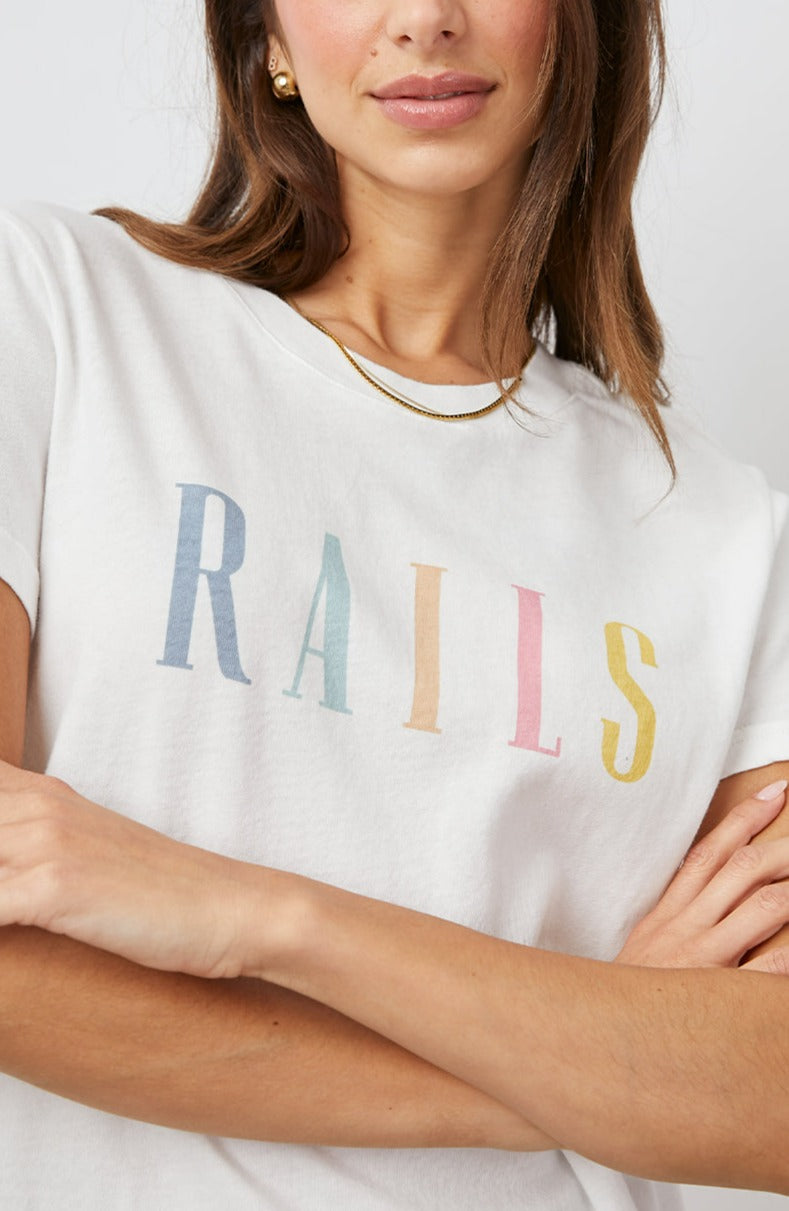 THE CLASSIC CREW WHITE RAINBOW LOGO SHIRT- FRONT DETAIL