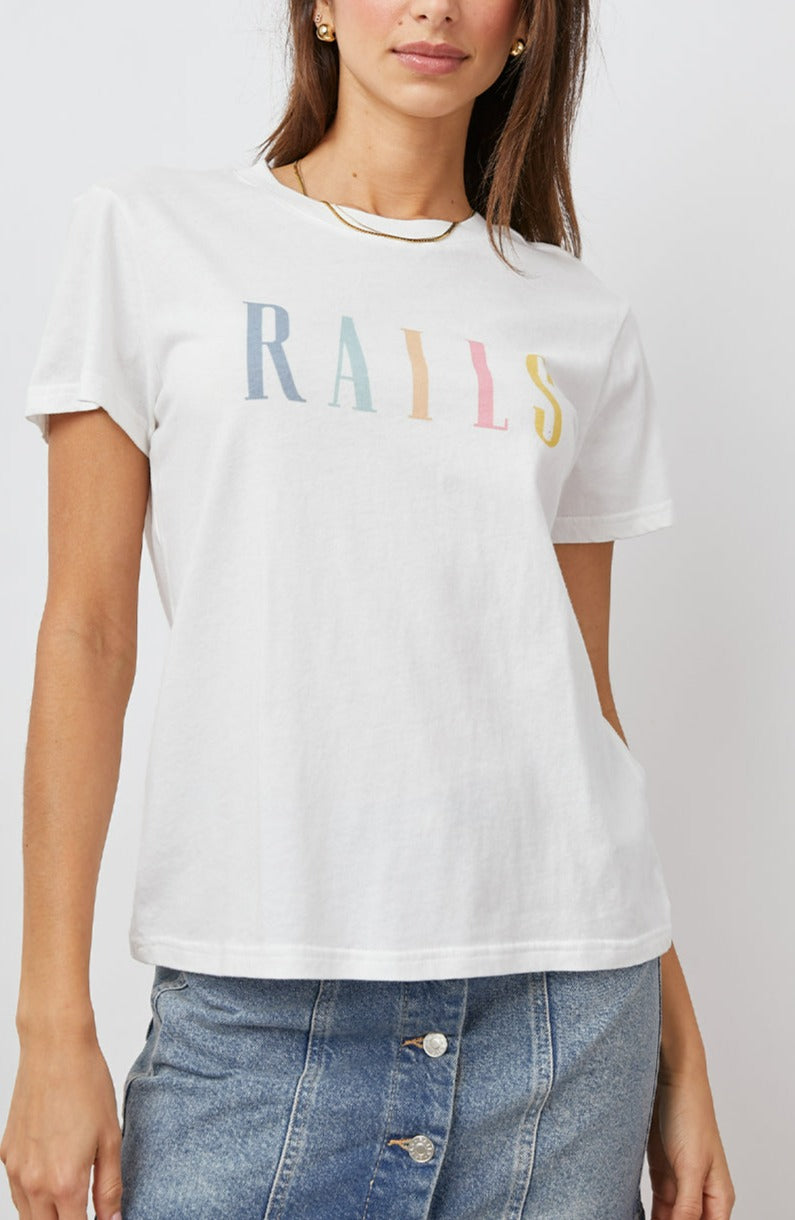 THE CLASSIC CREW WHITE RAINBOW LOGO SHIRT- FRONT UNTUCKED