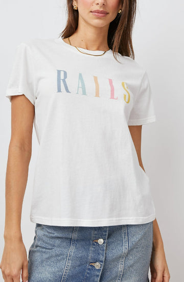 THE CLASSIC CREW WHITE RAINBOW LOGO SHIRT- FRONT UNTUCKED