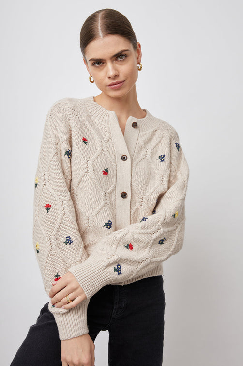 LAURIE OATMEAL MELANGE CARDIGAN-FRONT ARMS CROSSED
