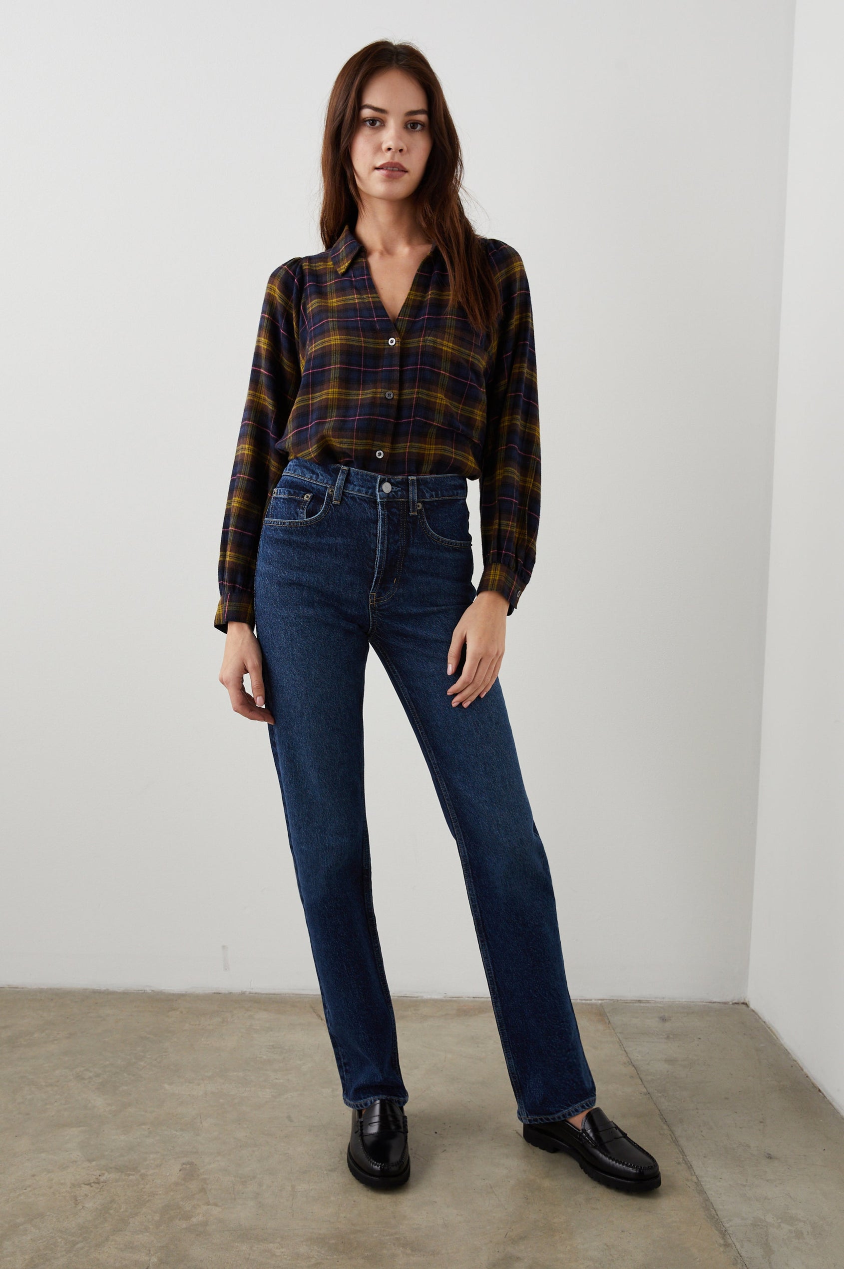 Topanga Straight Jeans with Belt Loops, Two Front Pockets plus a Coin Pocket and Two Back Patch Pockets in Collegiate Blue Colorway - Front Full Body View Featured on Model