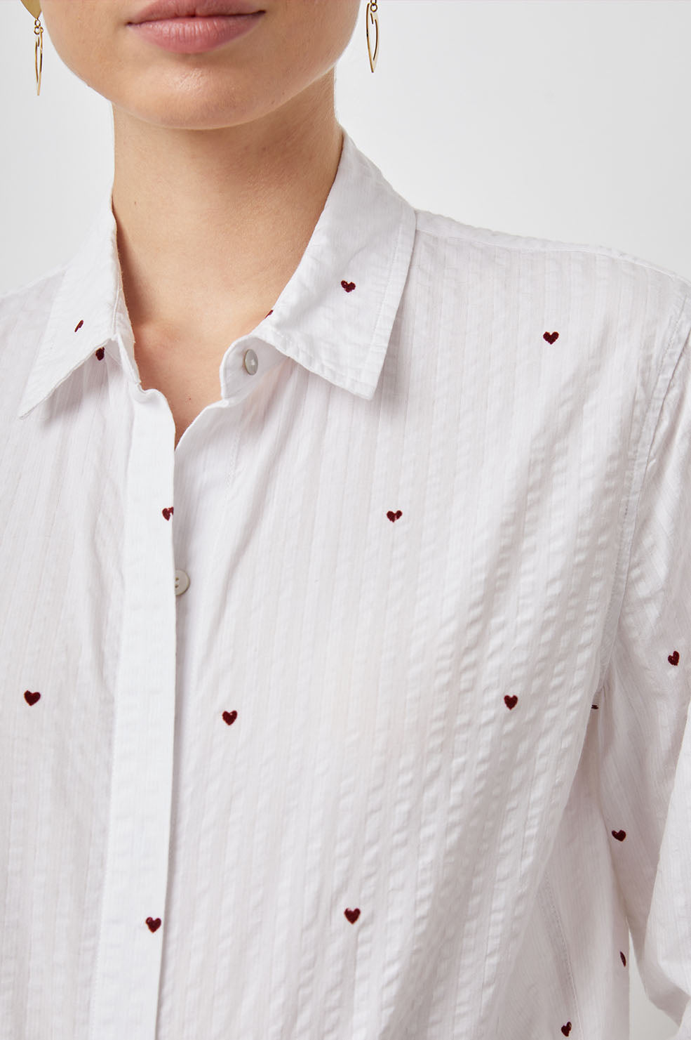 Taylor Long-Sleeve Button Up with Small Red Hearts in Hearts Colorway, White with Alternating Textured Stripes - Front View Featured on Model