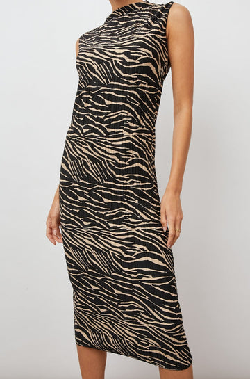 Wakely Sleeveless Midi Dress with Pleated Fabric and a Mock Neck in Cairo Colorway, a Black and Tan Tiger Print - Front Full Body View Featured on Model 
