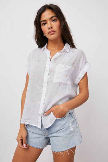 WHITNEY ROSE GOLD STARS SHORT SLEEVE BUTTON DOWN- FRONT