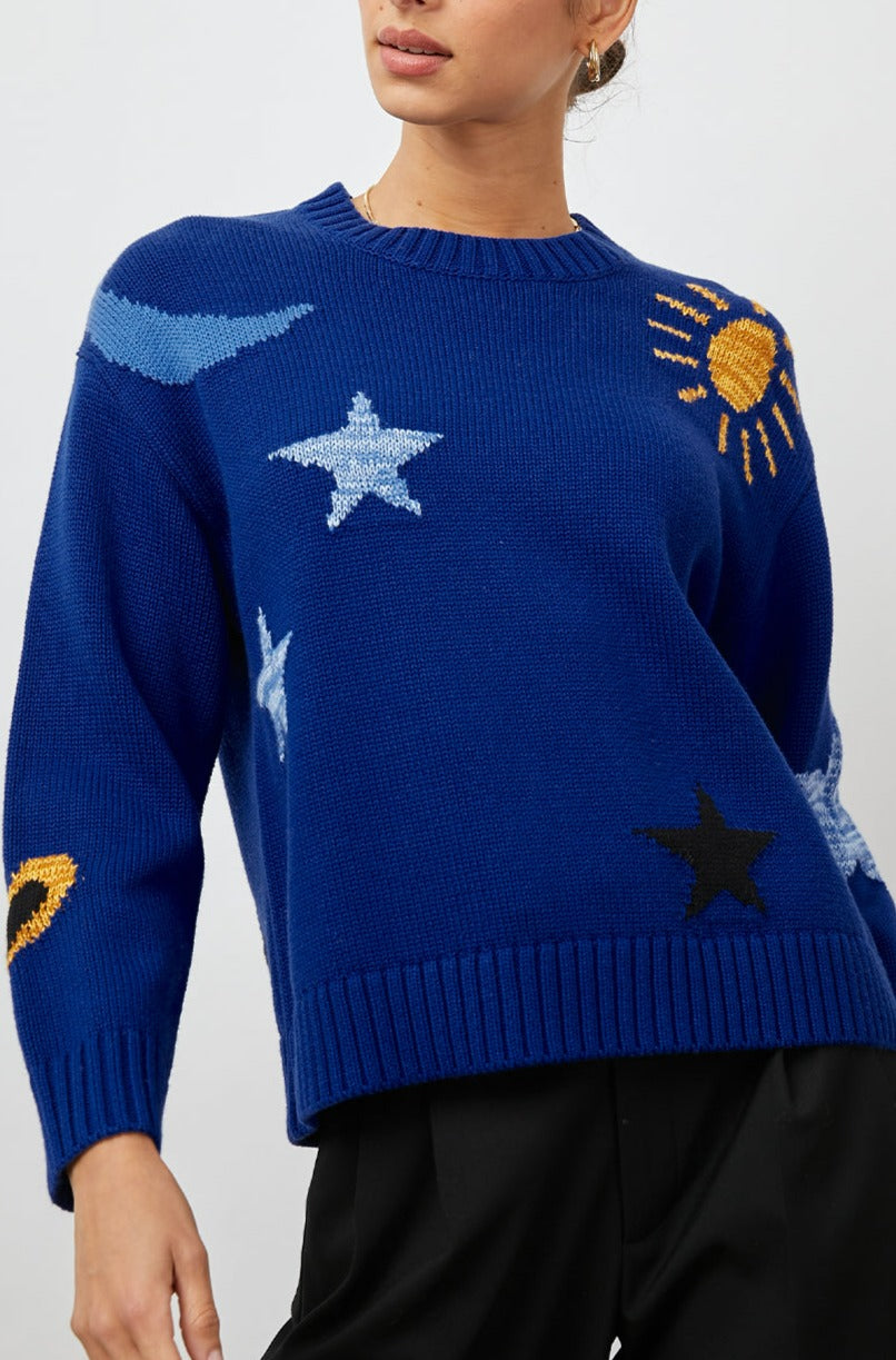 ZOEY COBALT GOLD GALAXY SWEATER-FRONT IN MOTION